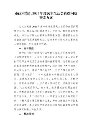市政府党组2025年度民主生活会查摆问题整改方案