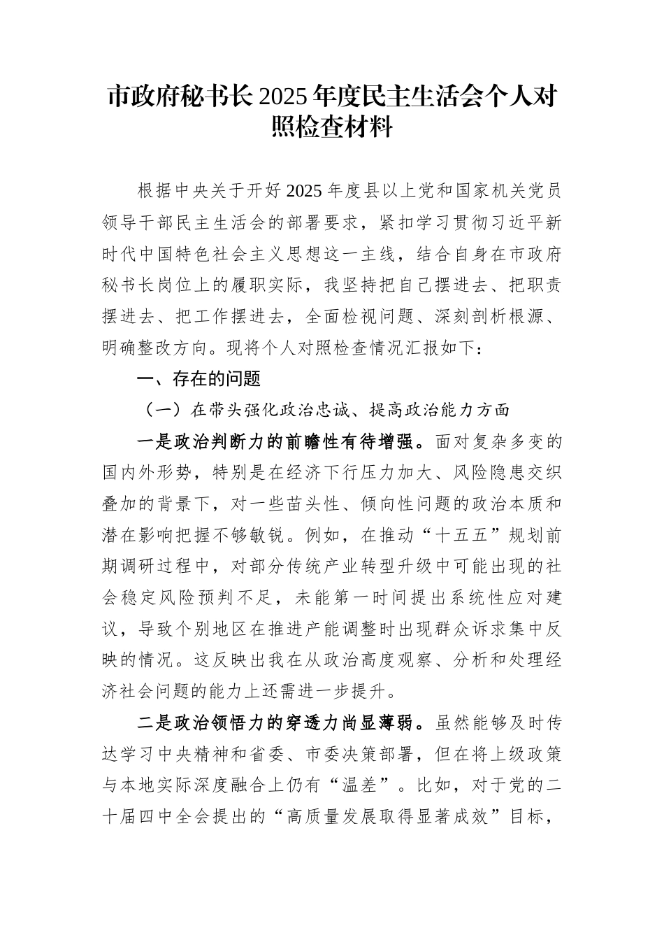 市政府秘书长2025年度民主生活会个人对照检查材料_第1页