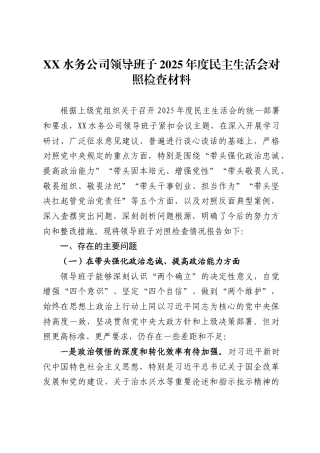 水务公司领导班子2025年度民主生活会对照检查材料.