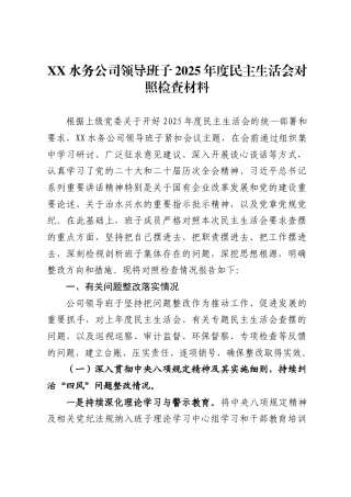 水务公司领导班子2025年度民主生活会对照检查材料