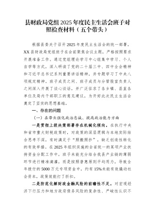 县财政局党组2025年度民主生活会班子对照检查材料（五个带头）