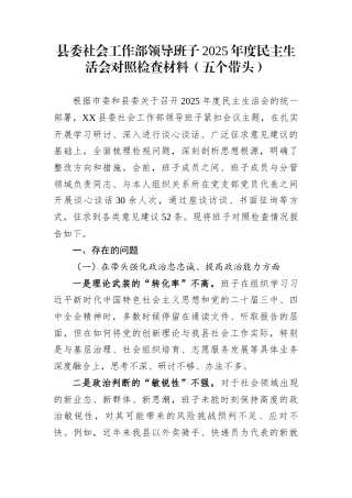县委社会工作部领导班子2025年度民主生活会对照检查材料（五个带头）
