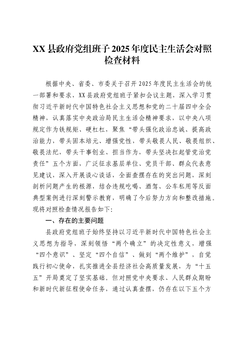 县政府党组班子2025年度民主生活会对照检查材料 ._第1页