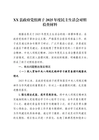县政府党组班子2025年度民主生活会对照检查材料