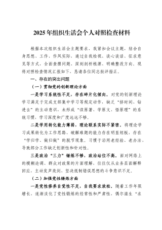 2025年组织生活会个人对照检查材料