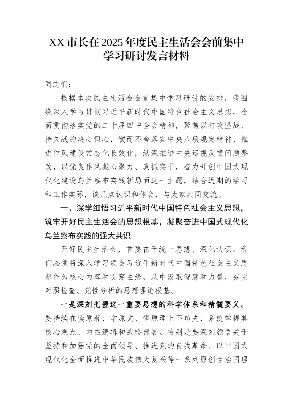XX市长在2025年度民主生活会会前集中学习研讨发言材料_第1页