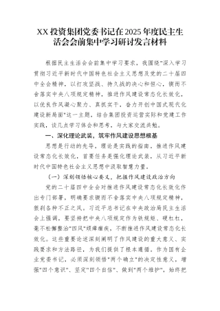 XX投资集团党委书记在2025年度民主生活会会前集中学习研讨发言材料