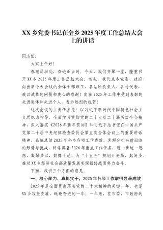 XX乡党委书记在全乡2025年度工作总结大会上的讲话