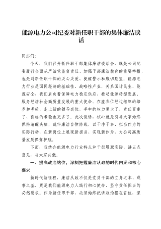 能源电力公司纪委对新任职干部的集体廉洁谈话，