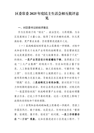 区委常委2025年度民主生活会相互批评意见