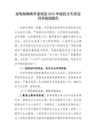 市发展和改革委员会2025年度民主生活会召开情况报告