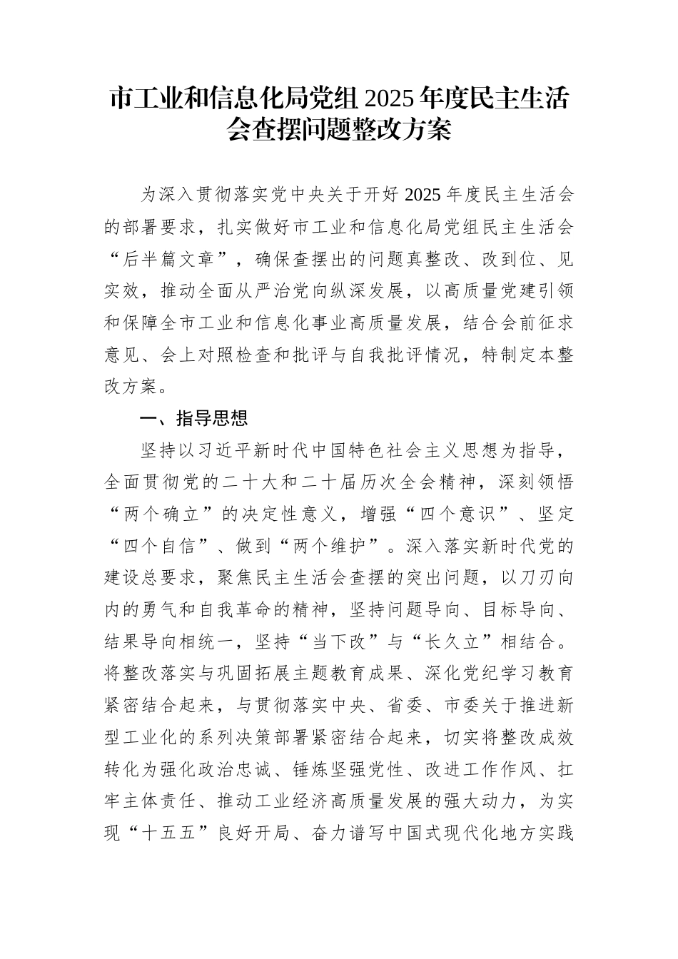 市工业和信息化局党组2025年度民主生活会查摆问题整改方案_第1页