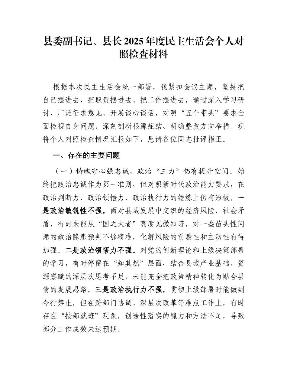 县委副书记、县长2025年度民主生活会个人对照检查材料_第1页