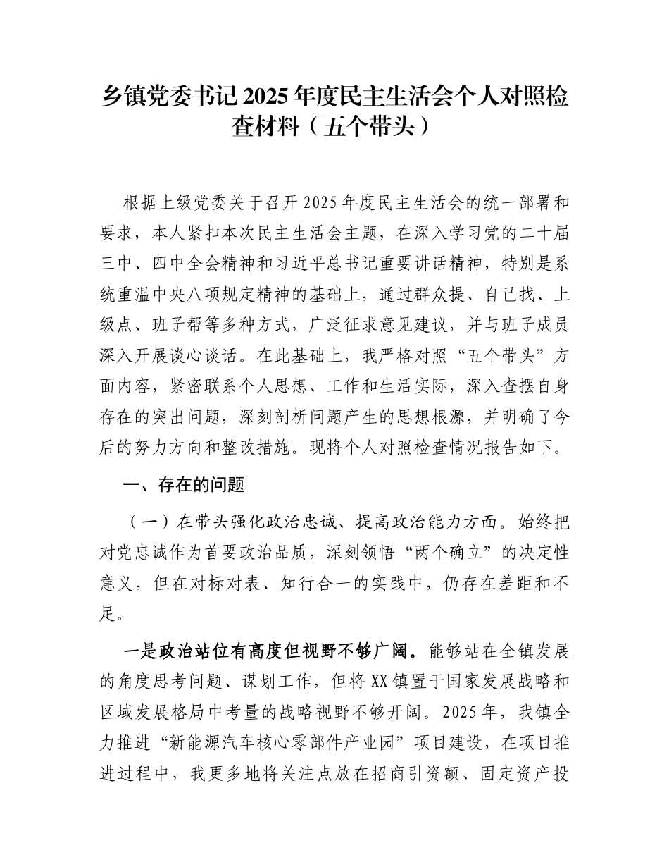乡镇党委书记2025年度民主生活会个人对照检查材料(五个带头)_第1页
