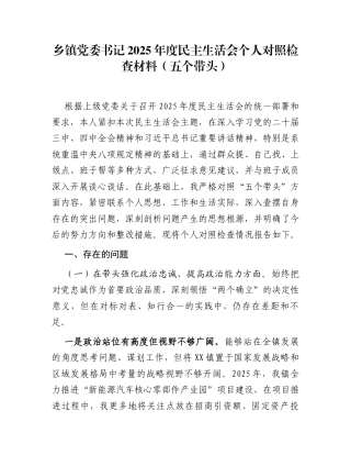 乡镇党委书记2025年度民主生活会个人对照检查材料(五个带头)