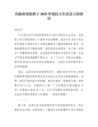 在政府党组班子2025年度民主生活会上的讲话