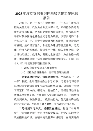 2025年度国企公司党支部书记抓党建工作述职报告