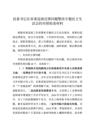县委书记在省委巡视反馈问题整改专题民主生活会的对照检查材料