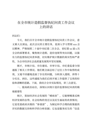 在全市统计造假监督执纪问责工作会议上的讲话