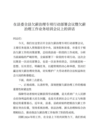 在县委全县欠薪治理专项行动部署会议暨欠薪治理工作业务培训会议上的讲话