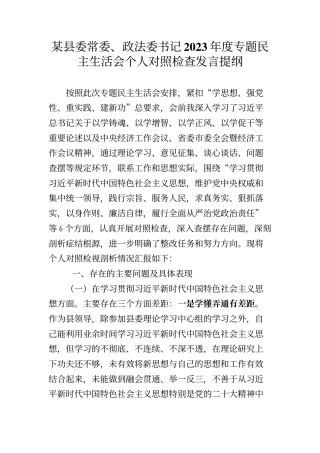 某县委常委、政法委书记2023年度专题民主生活会个人对照检查发言提纲