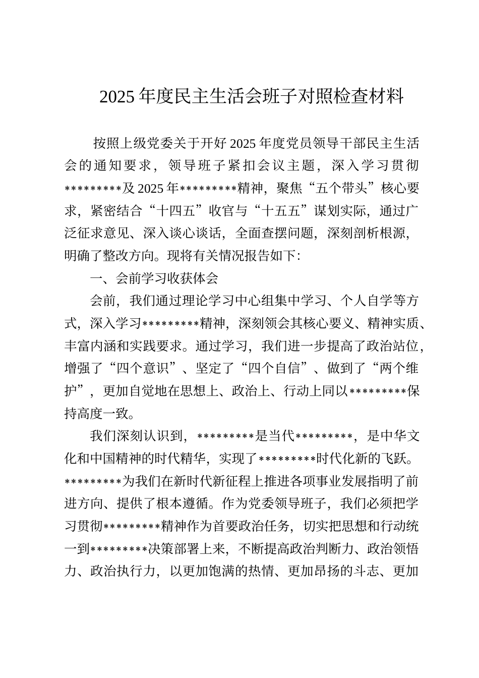 2025年度民主生活会班子对照检查材料_第1页