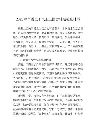 2025年市委班子民主生活会对照检查材料