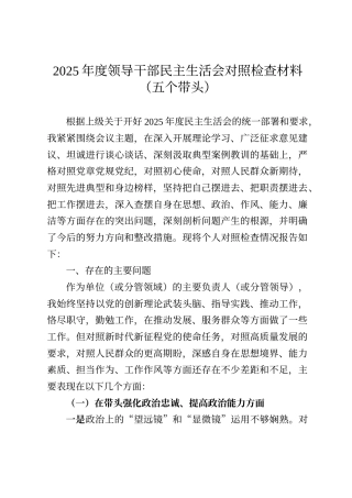 2025年度领导干部民主生活会对照检查材料（五个带头）