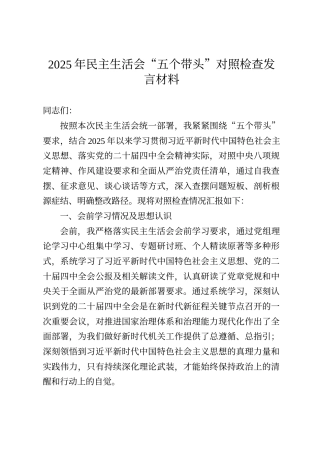 2025年民主生活会“五个带头”对照检查发言材料