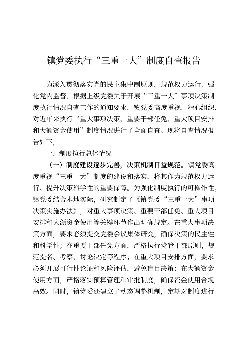 乡镇党委执行“三重一大”制度自查报告_第1页