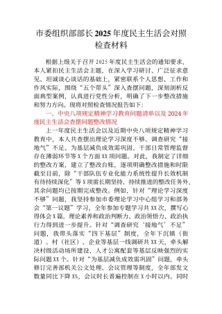 市委组织部部长2025年度民主生活会对照检查材料