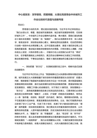中心组发言：深学细悟、把握精髓，从理论高度领会中央城市工作会议的时代意蕴与战略考量