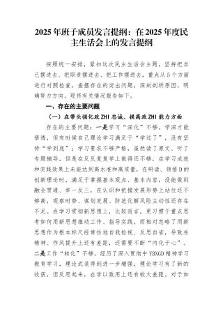 2025年班子成员发言提纲：在2025年度民主生活会上的发言提纲