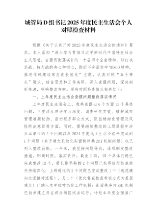 城管局党组书记2025年度民主生活会个人对照检查材料