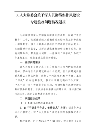 X人大常委会关于深入贯彻落实作风建设专题整改问题情况通报