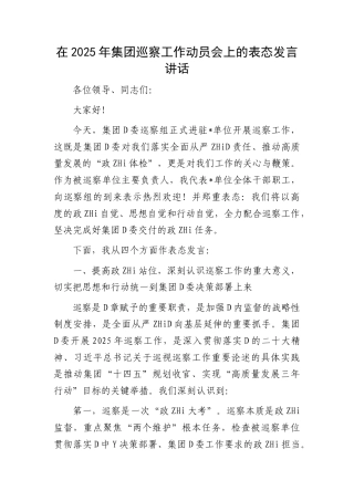 公司巡察工作动员会上的表态发言讲话