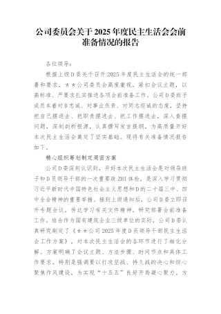 公司委员会2025年度民主生活会会前准备情况的报告