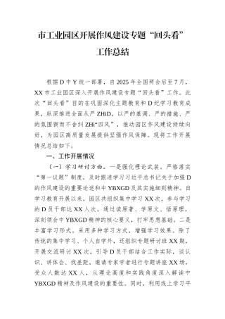 市工业园区开展作风建设专题“回头看”工作总结