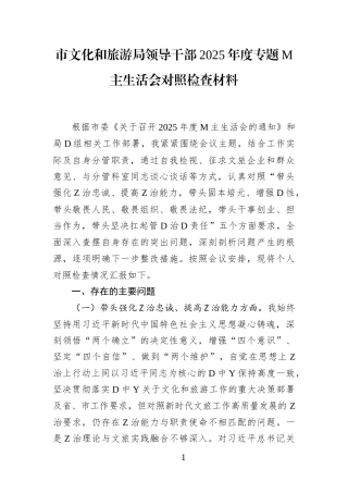 市文化和旅游局领导干部2025年度专题民主生活会对照检查材料(1)