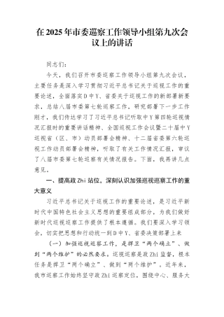 在2025年市委巡察工作领导小组第九次会议上的讲话