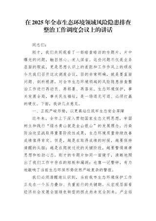 在2025年全市生态环境领域风险隐患排查整治工作调度会议上的讲话