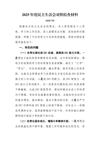 2025年度民主生活会对照检查材料（普通干部）