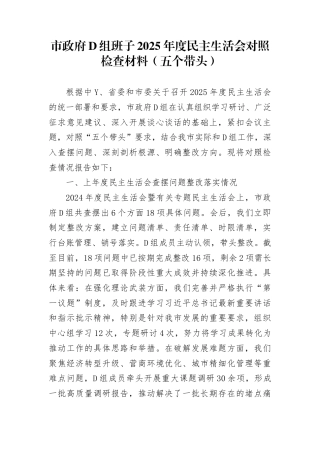 市政FD组班子2025年度民主生活会对照检查材料（五个带头）