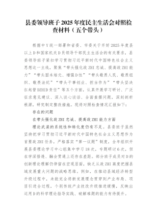 县委领导班子2025年度民主生活会对照检查材料（五个带头）(1)
