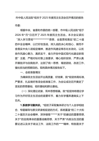 市中级人民法院关于2025年度民主生活会召开情况的报告