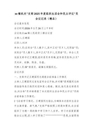 镇机关支部2025年度组织生活会和民主评议党员会议记录