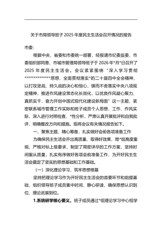 关于市局领导班子2025年度民主生活会召开情况的报告
