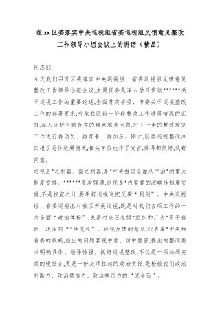 在XX区委落实中央巡视组省委巡视组反馈意见整改工作领导小组会议上的讲话