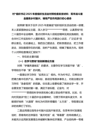 村书记2025年度组织生活会对照检查发言材料：筑牢战斗堡垒服务乡村振兴，锤炼严实作风践行初心使命