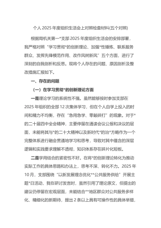 个人2025年度组织生活会上对照检查材料(五个对照)